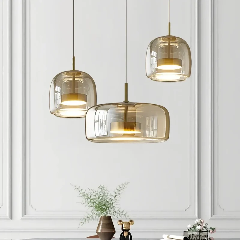 Moderne LED Pendelleuchte aus amber Glas für Esszimmer