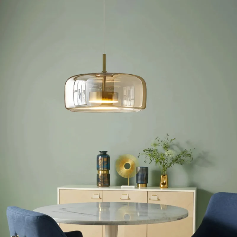 Moderne LED Pendelleuchte aus amber Glas für Esszimmer