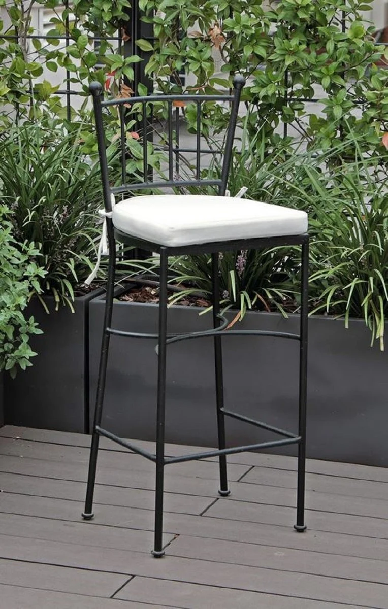 Casa Padrino Luxus Jugendstil Schmiedeeisen Barstuhl mit Sitzkissen Schwarz / Weiß H. 97 cm