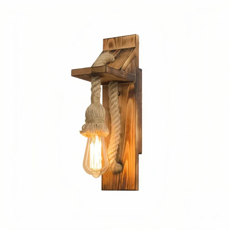 Vintage Wandleuchte aus Holz und Jute für Schlafzimmer