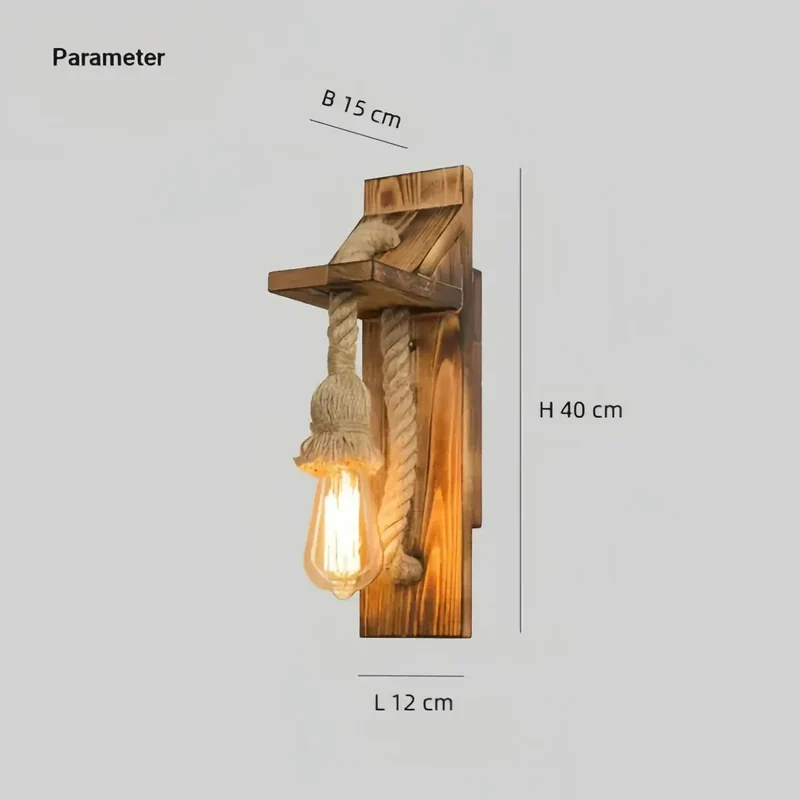 Vintage Wandleuchte aus Holz und Jute für Schlafzimmer