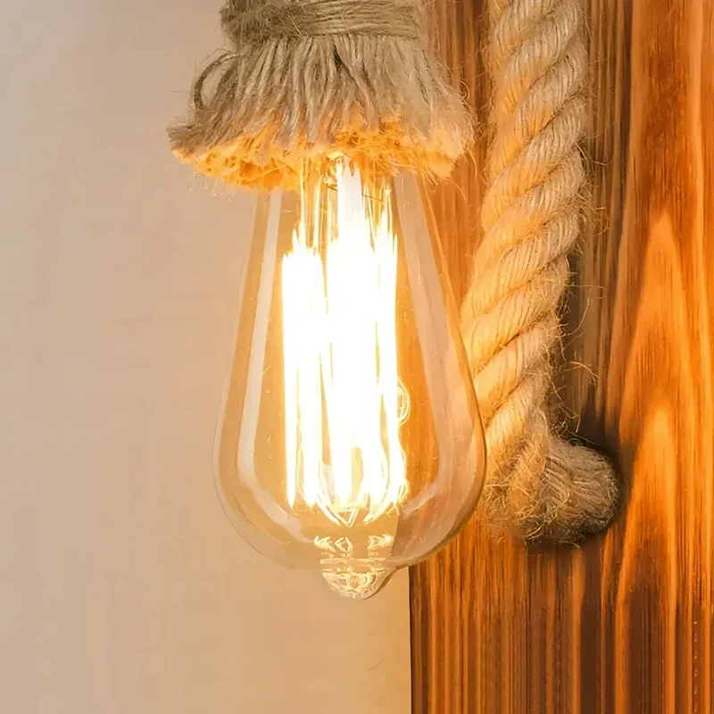 Vintage Wandleuchte aus Holz und Jute für Schlafzimmer