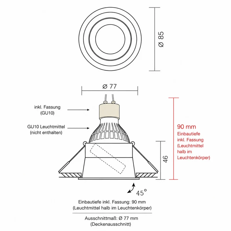 LED-Einbaustrahler | Vertieft | Rund | Ø77mm | Schwarz