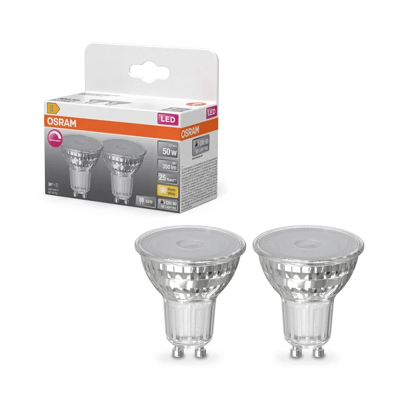 OSRAM Superstar Reflektorlampe für GU10-Sockel, klares Glas ,Warmweiß (2700K), 350 Lumen, Ersatz für herkömmliche 50W-Leuchtmittel, dimmbar, 2er Pack