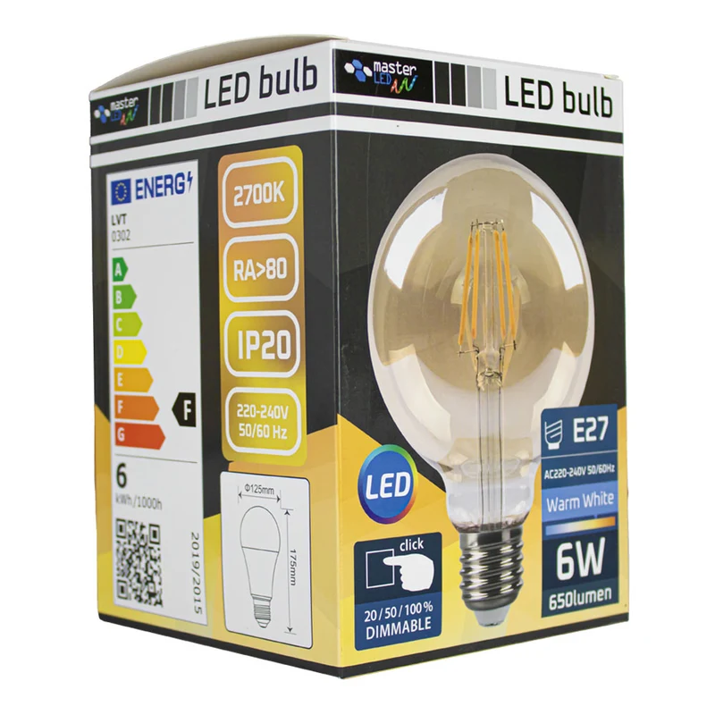 LED-Glühlampe 6W | G125 | 3-stufig dimmbar | E27 | 2700K – Warmweiß