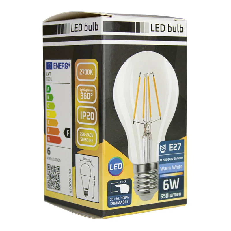 LED-Glühlampe 6W | A60 | Klar | 3-stufig dimmbar | E27 | 2700K – Warmweiß