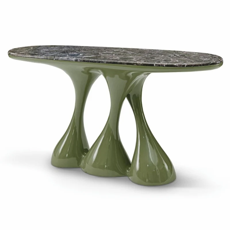 Casa Padrino Luxus Glasfaser Konsole mit Travertin Tischplatte Khaki Grün / Silbergrau 160 cm - Luxus Hotel Möbel