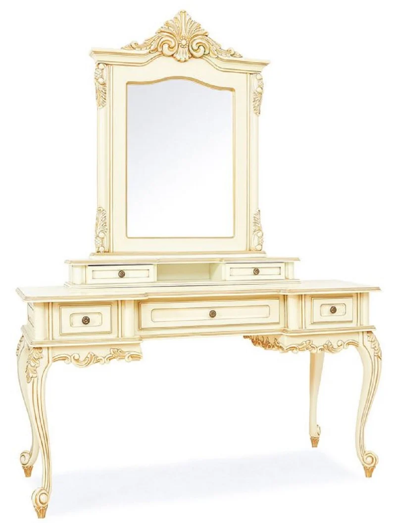 Casa Padrino Luxus Barock Schminktisch mit Spiegel Creme / Beige - Prunkvolle Barockstil Schminkkommode mit Wandspiegel - Luxus Schlafzimmer Möbel im Barockstil - Barock Möbel