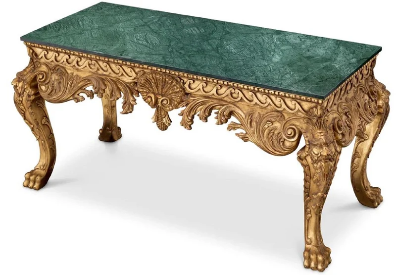 Casa Padrino Luxus Barock Konsole Antik Gold / Grün - Handgefertigter Massivholz Konsolentisch mit Marmorplatte - Luxus Wohnzimmer Möbel im Barockstil - Barock Möbel - Barock Einrichtung