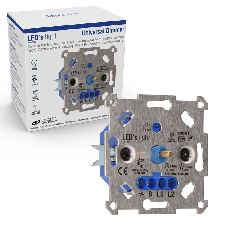 Universal Drehdimmer 250W - Unterputz Dimmschalter für dimmbare LED und Halogenlampen, Phasenabschnitt oder Phasenanschnitt wird automatisch eingestellt - LED's Light