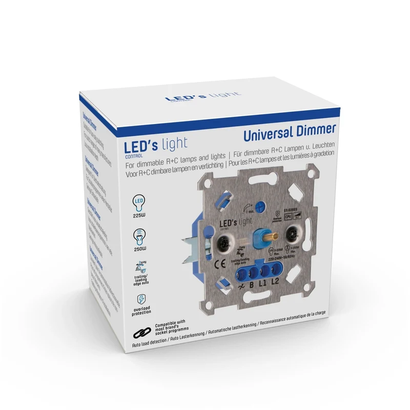 Universal Drehdimmer 250W - Unterputz Dimmschalter für dimmbare LED und Halogenlampen, Phasenabschnitt oder Phasenanschnitt wird automatisch eingestellt - LED's Light