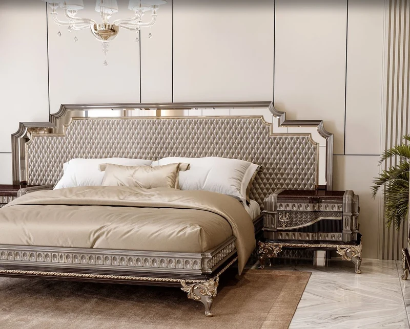 Casa Padrino Luxus Barock Doppelbett und 2 Nachtkommoden Grau / Dunkelbraun / Gold