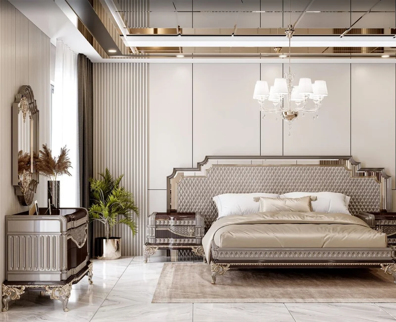 Casa Padrino Luxus Barock Doppelbett und 2 Nachtkommoden Grau / Dunkelbraun / Gold