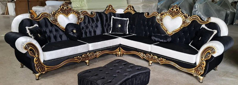 Casa Padrino Luxus Barock Ecksofa Schwarz / Weiß / Gold