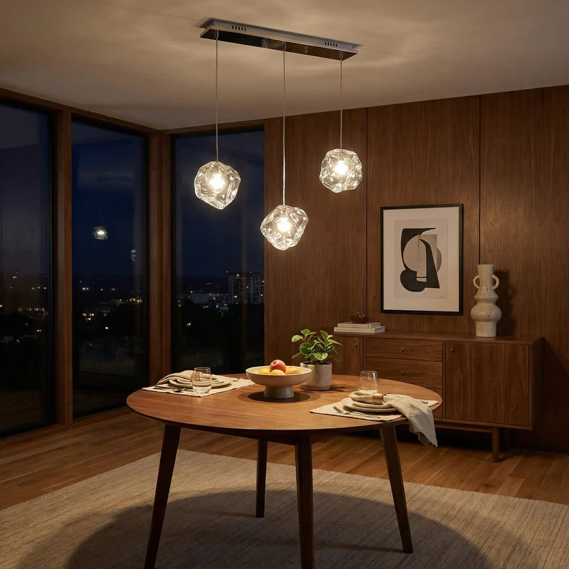 Klare Glas-Pendelleuchte mit modernem Design und Ambientebeleuchtung – Cristallin