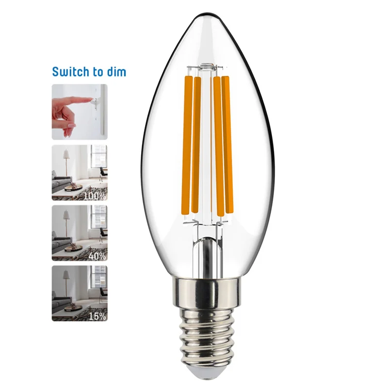 LED-Filament-Leuchtmittel Kerze | Mit Lichtschalter dimmbar | E14 | 4 Watt (ersetzt 40 Watt) | 450 Lumen | 2.700 K warmweiß | 330° Abstrahlwinkel | Form C35 | Glas klar | Glühfaden - LED's Light