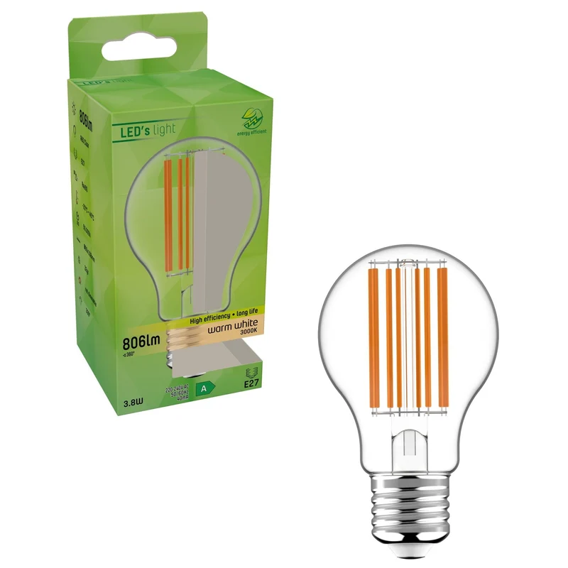LED Birne E27 3,8W warmweiß Klar A60 - 50.000h Haltbarkeit - LED's Light