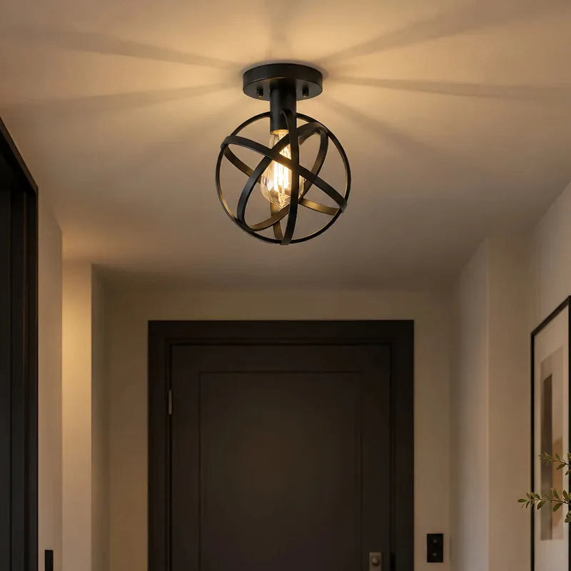 Industrial Deckenleuchte aus schwarzem Metall, kugelförmiges Design, für Flur