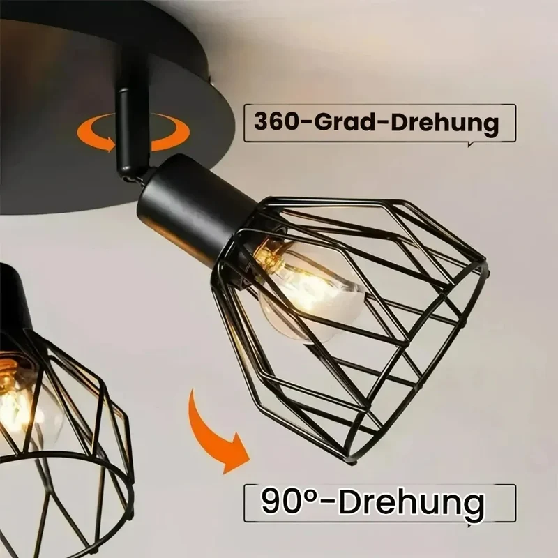 3-flammige E14 Deckenleuchte im Industrial Stil aus schwarzem Metall für den Flur
