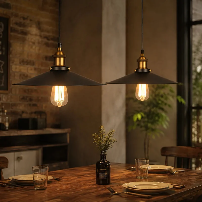 Schwarze Pendelleuchte im Industrial Stil aus Metall für Esszimmer