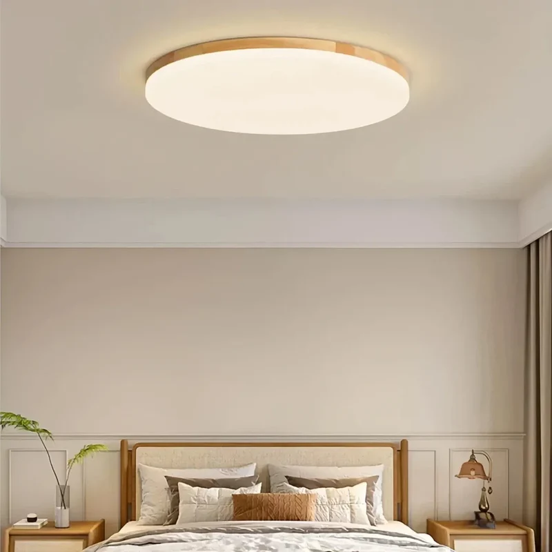 Runde skandinavische LED-Deckenleuchte aus Holz für Schlafzimmer, flach und dimmbar