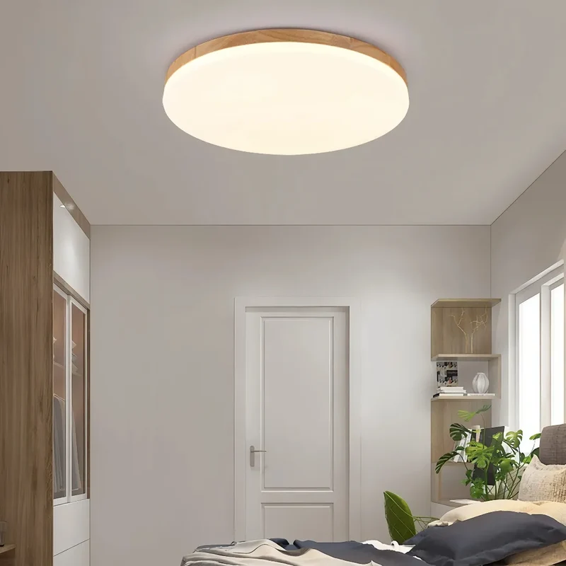 Runde skandinavische LED-Deckenleuchte aus Holz für Schlafzimmer, flach und dimmbar