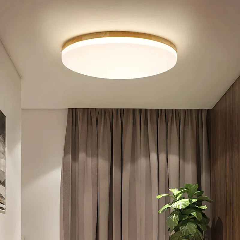 Runde skandinavische LED-Deckenleuchte aus Holz für Schlafzimmer, flach und dimmbar