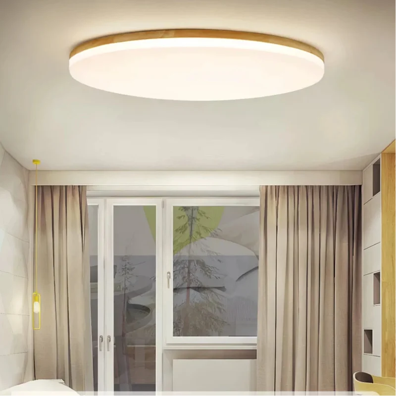 Runde skandinavische LED-Deckenleuchte aus Holz für Schlafzimmer, flach und dimmbar