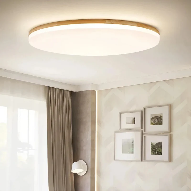 Runde skandinavische LED-Deckenleuchte aus Holz für Schlafzimmer, flach und dimmbar