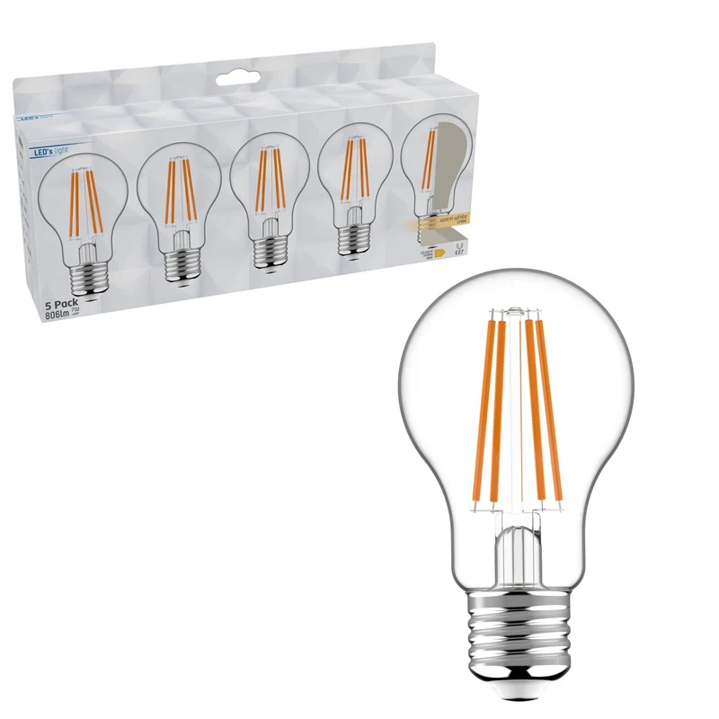 LED Birne E27 7,0W warmweiß Klar A60 5-Pack - LED's Light