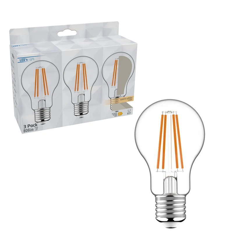 LED Birne E27 7,0W warmweiß Klar A60 3-Pack - LED's Light
