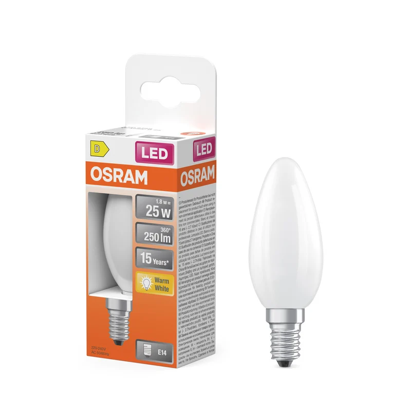 OSRAM Retrofit Classic B LED Lampe Kerzenform matt (ex 25W) 2,5W / 2700K Warmweiß E14