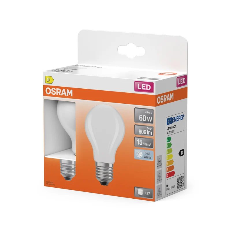 OSRAM LED Lampe LED Retrofit CLASSIC A 6.5W 840 Frosted E27, 806 lm, 4000 K, Kaltweiß, 2er Pack