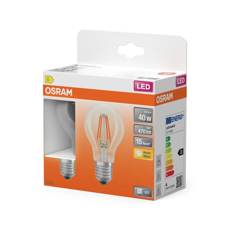 OSRAM LED-Lampen, klassische Kolbenform, 40 Watts Ersatz, E27, A-shape, 2700 Kelvin, Warmweiß, Klares Glas, 2-er Pack