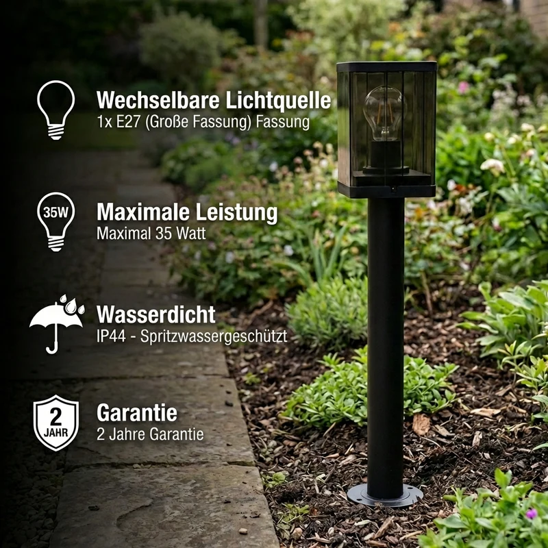 Quadratische Stehleuchte für den Außenbereich 50CM | PC-Lampenschirm | Schwarz | E27-Fassung | IP44