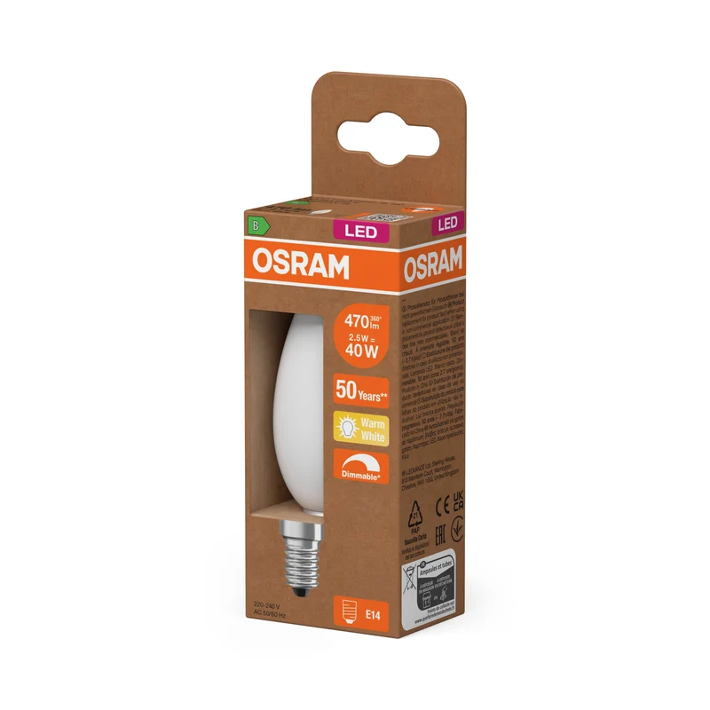 OSRAM LED CLASSIC B ENERGY EFFICIENCY B DIM in B-Form, LED-Lampe, Glas, Matt, 2,5 W, 470 lm, 2700 K, Dimmbar, CRI 80