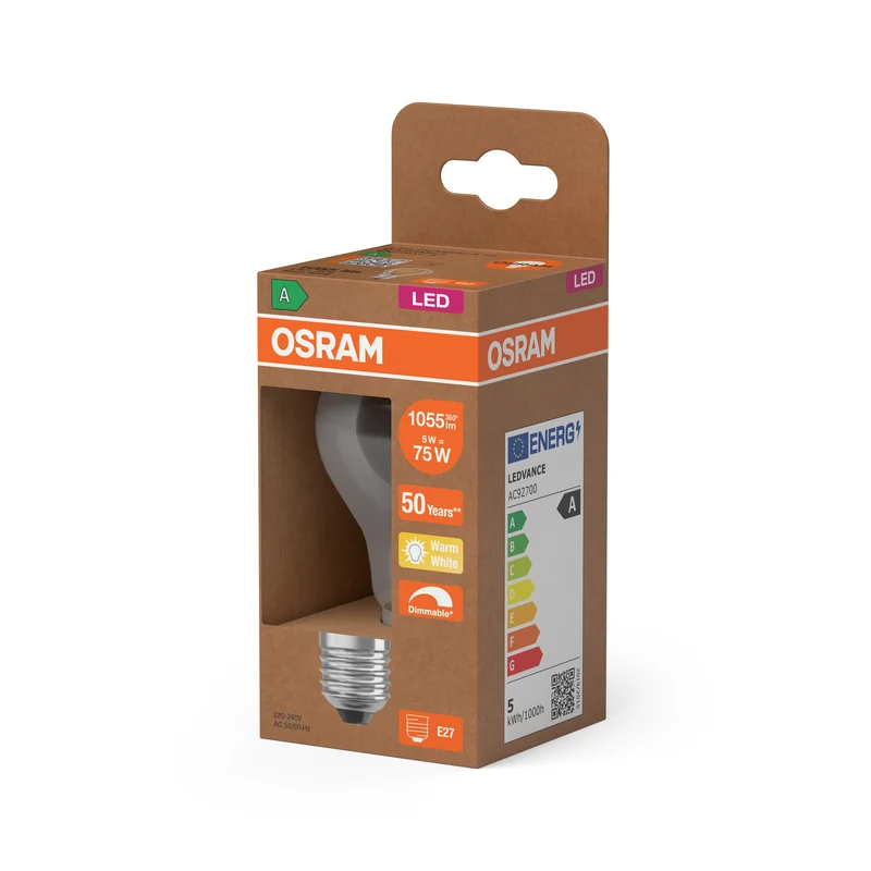 OSRAM LED CLASSIC A ENERGY EFFICIENCY A DIM in A-Form, LED-Lampe, Glas, klar, 5 W, 1055 lm, 2700 K, Dimmbar, Energieeffizienzklasse: A, CRI 80