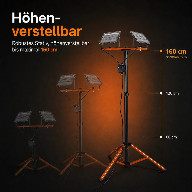 Baulampe auf Stativ | 2x 50 Watt | Schwarz / Orange | 10.000 Lumen