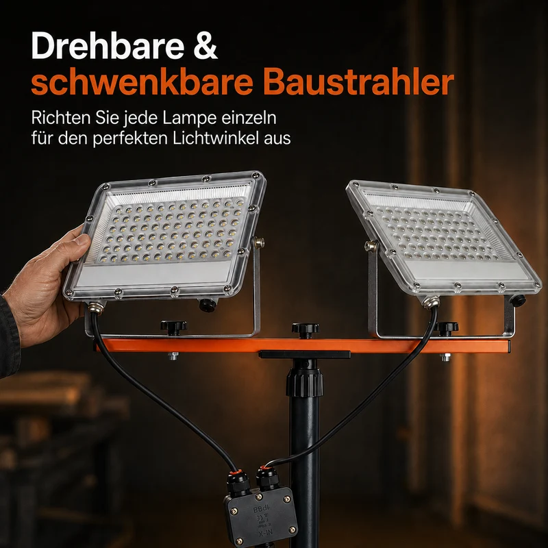 Baulampe auf Stativ | 2x 50 Watt | Schwarz / Orange | 10.000 Lumen
