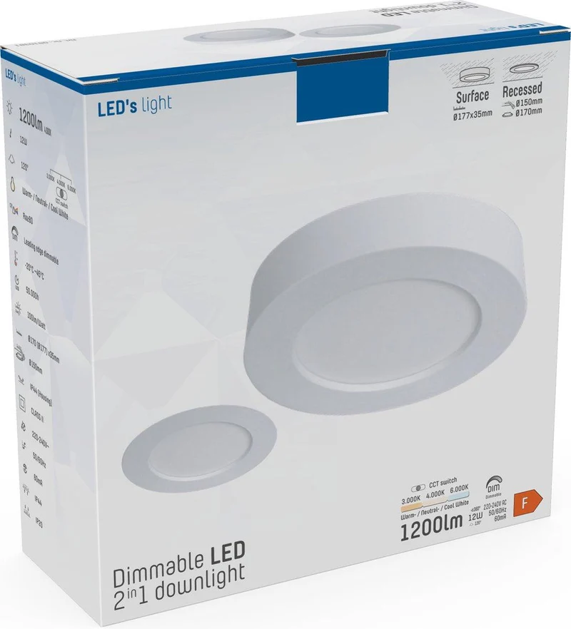 LED-Strahler 18cm dimmbar 12W CCT warm-neutral-kaltweiß Unterputz Aufputz - LED's Light