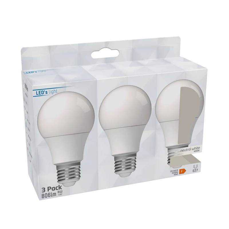 LED-Glühbirne E27 8W neutralweiß Opal 3-Pack A60 - 3x Sparpack - LED's Light