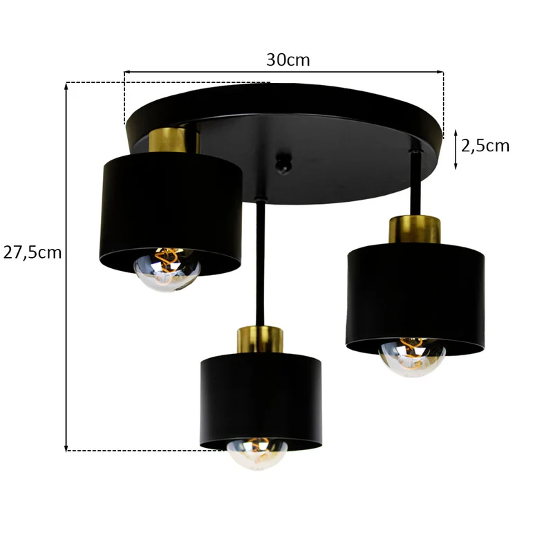 Deckenleuchte 3-fach schwarz - Gold | Metall | 3x E27 Fassung | Ø30cm