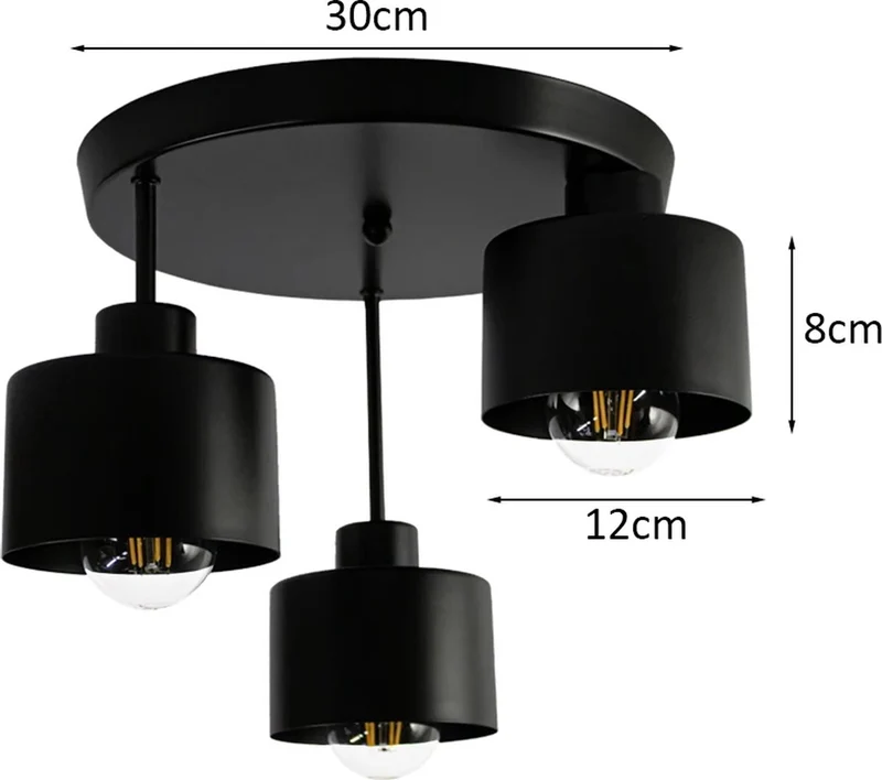 Deckenleuchte 3-fach schwarz | Metall | 3x E27 Fassung | Ø30cm