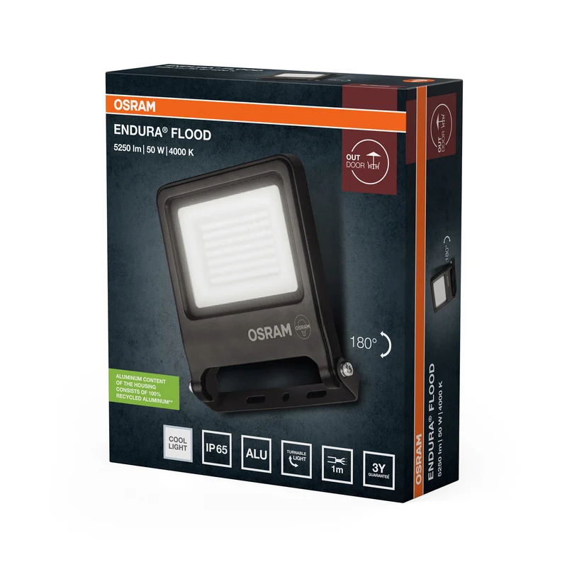 OSRAM ENDURA FLOOD PC 50W LED-Fluter, 4000K kaltweiß, 5000 Lumen, IP65 Flutlicht für große Flächen, 100 lm/W Effizienz