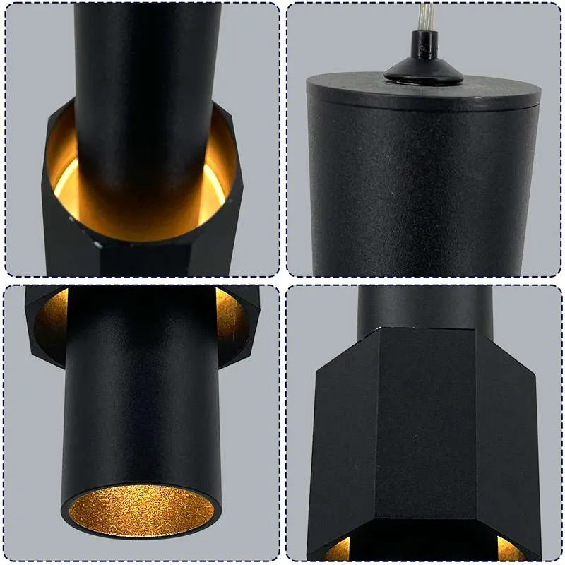 Moderne zylindrische LED-Deckenleuchte mit langen Röhren aus Aluminium in Schwarz und Gold~2604
