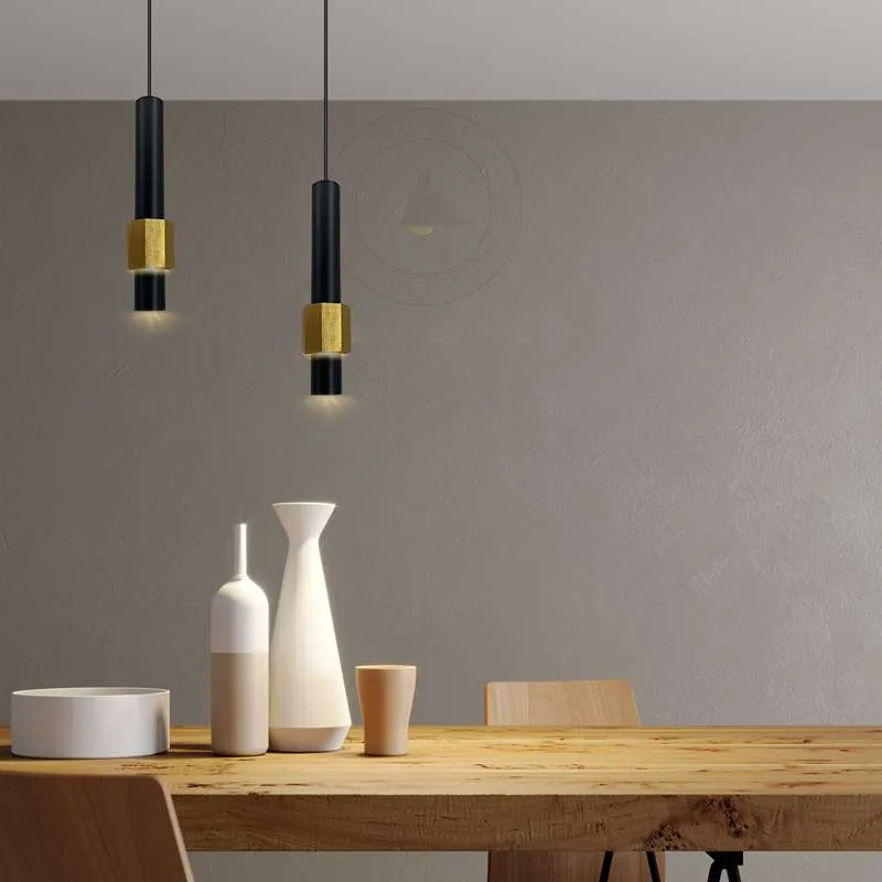 Moderne zylindrische LED-Deckenleuchte mit langen Röhren aus Aluminium in Schwarz und Gold~2604