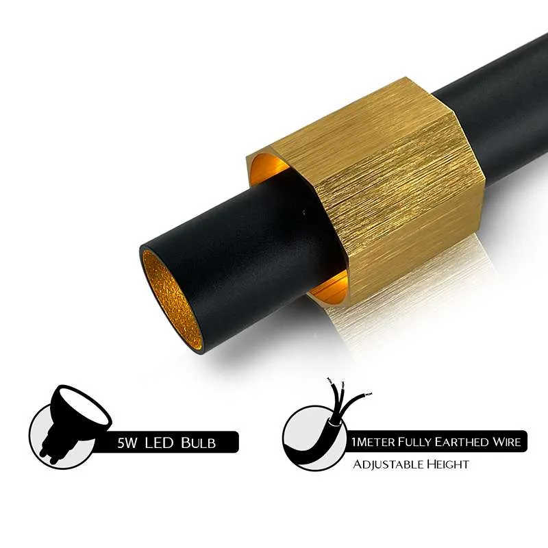Moderne zylindrische LED-Deckenleuchte mit langen Röhren aus Aluminium in Schwarz und Gold~2604