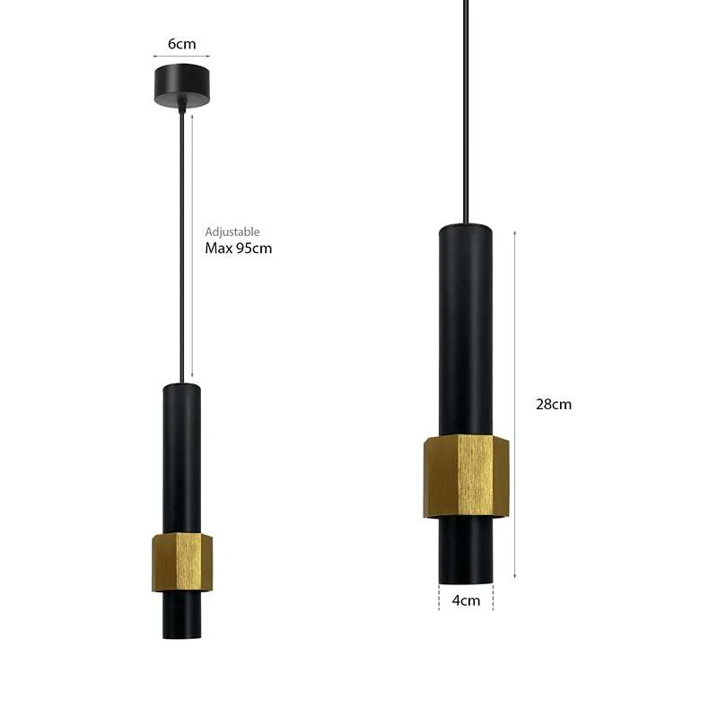 Moderne zylindrische LED-Deckenleuchte mit langen Röhren aus Aluminium in Schwarz und Gold~2604