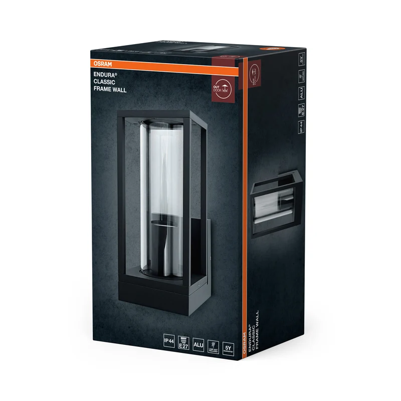 OSRAM Außenwandleuchte E27, Aluminium, klares Glas, IP44, dunkelgrau, rechteckiges Design, 140 x 110 x 245 mm, Montagematerial inklusive