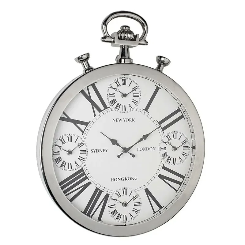 Casa Padrino Luxus Weltzeituhr Silber 40 x 5 x H. 52 cm - Wanduhr im Design einer antiken Taschenuhr